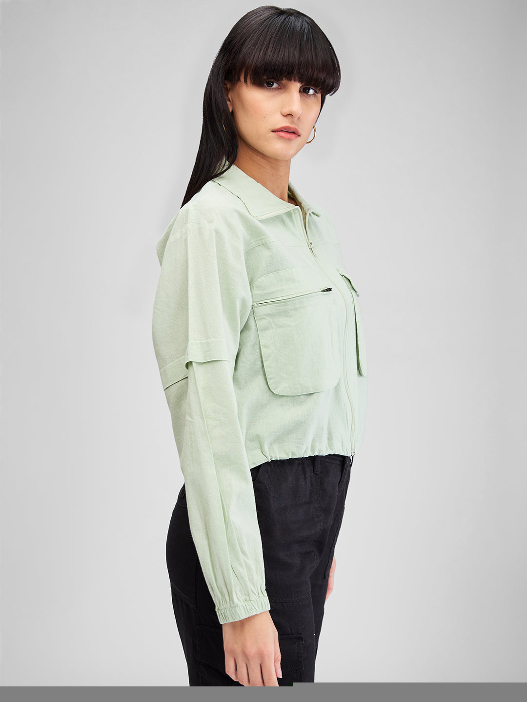 Spykar Celadon Green High Neck Full Sleeves Shirt For Women