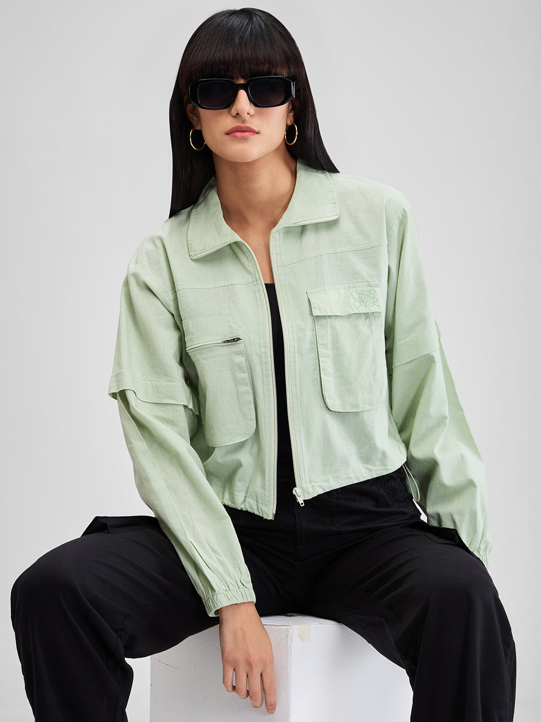 Spykar Celadon Green High Neck Full Sleeves Shirt For Women