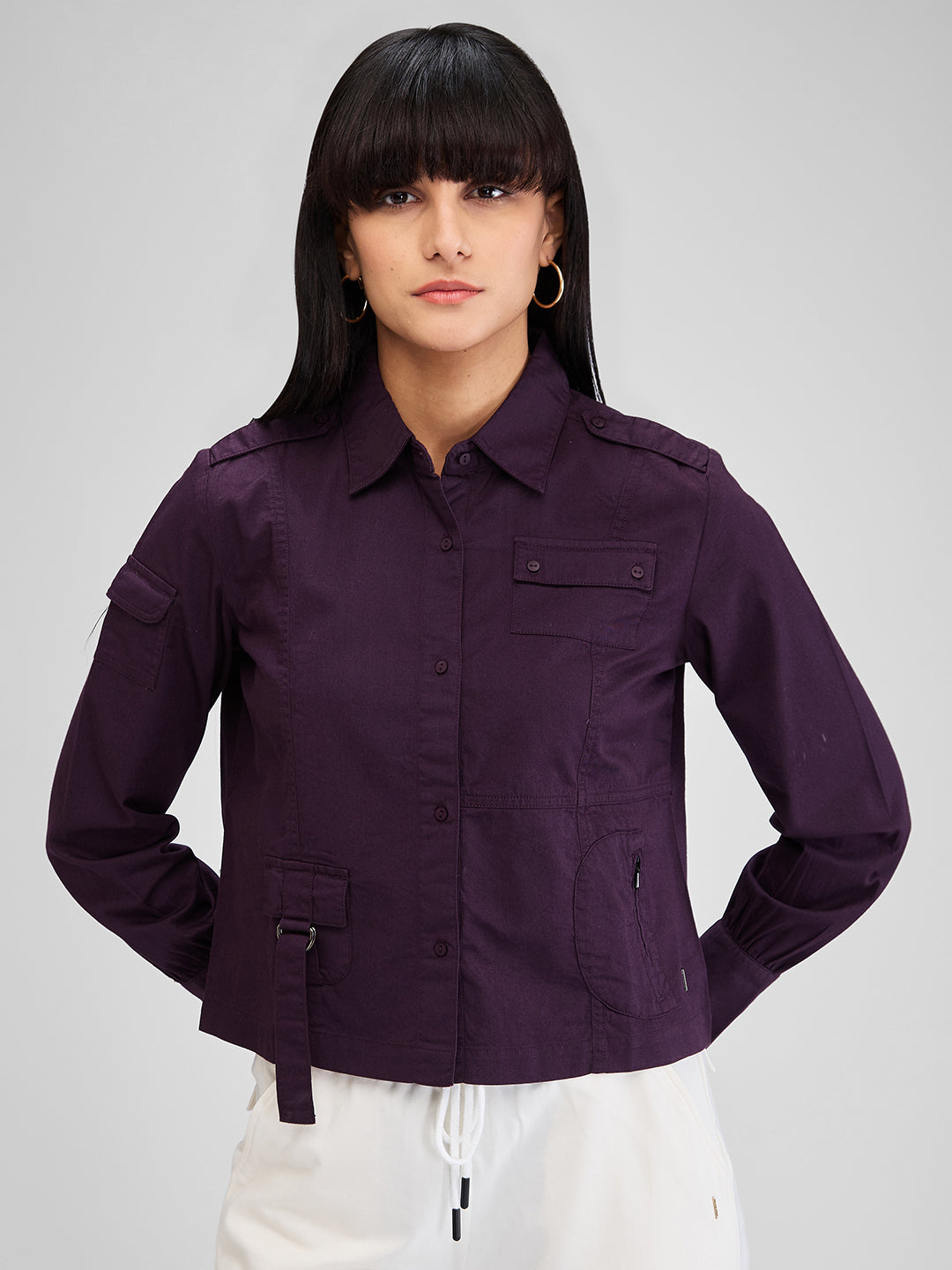 Women Shirt Solid Plum Comfort Fit