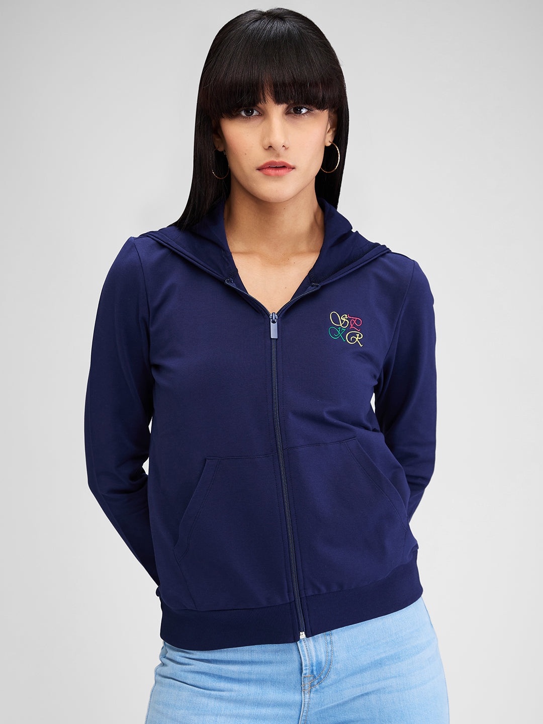 Spykar Blue Full Sleeves Regular Fit Solid Sweat Shirts For Women