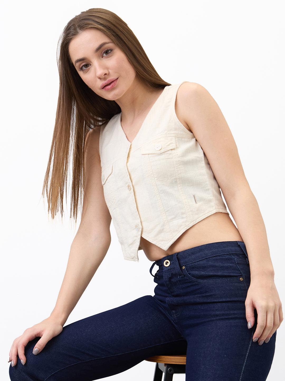 Spykar Beige Slim Fit Solid Top For Women