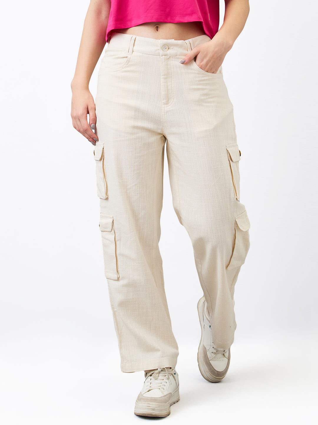 Women Trouser Loose Fit Beige High Rise