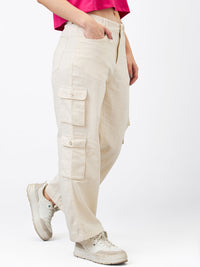 Women Trouser Loose Fit Beige High Rise