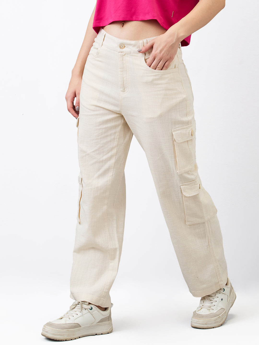 Women Trouser Loose Fit Beige High Rise