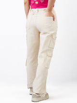 Women Trouser Loose Fit Beige High Rise