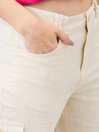 Women Trouser Loose Fit Beige High Rise