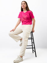 Women Trouser Loose Fit Beige High Rise