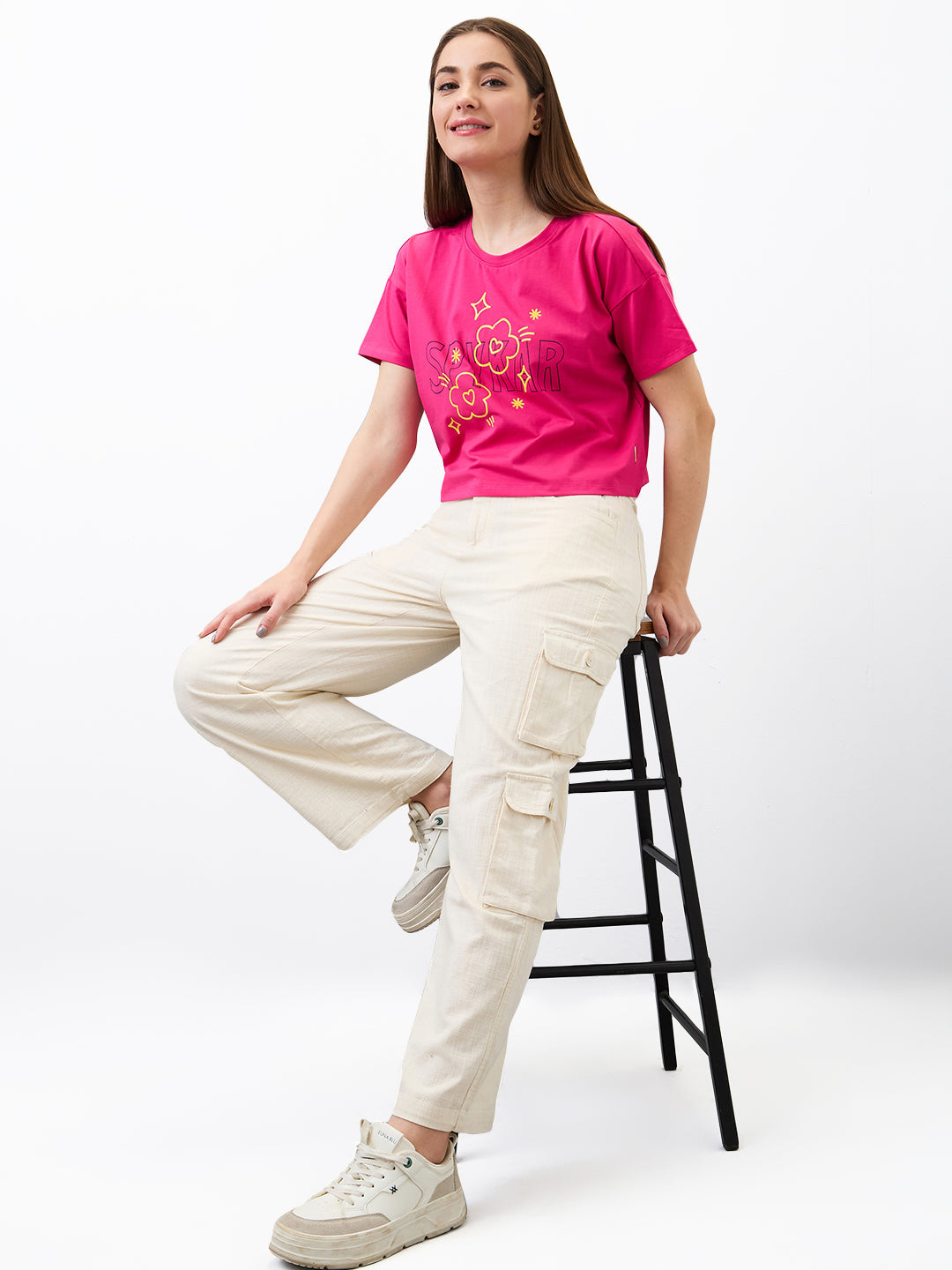 Women Trouser Loose Fit Beige High Rise