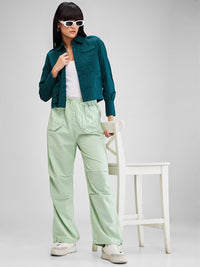 Women Trouser Baggy Fit Green High Rise