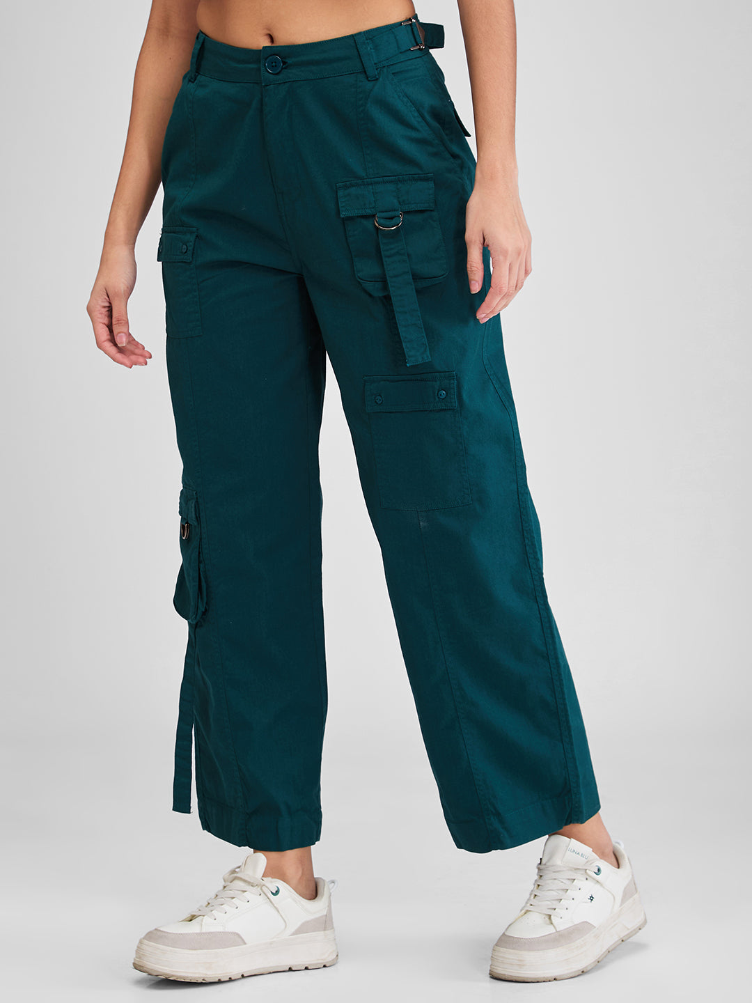 Women Trouser Cargo Fit Green Mid Rise