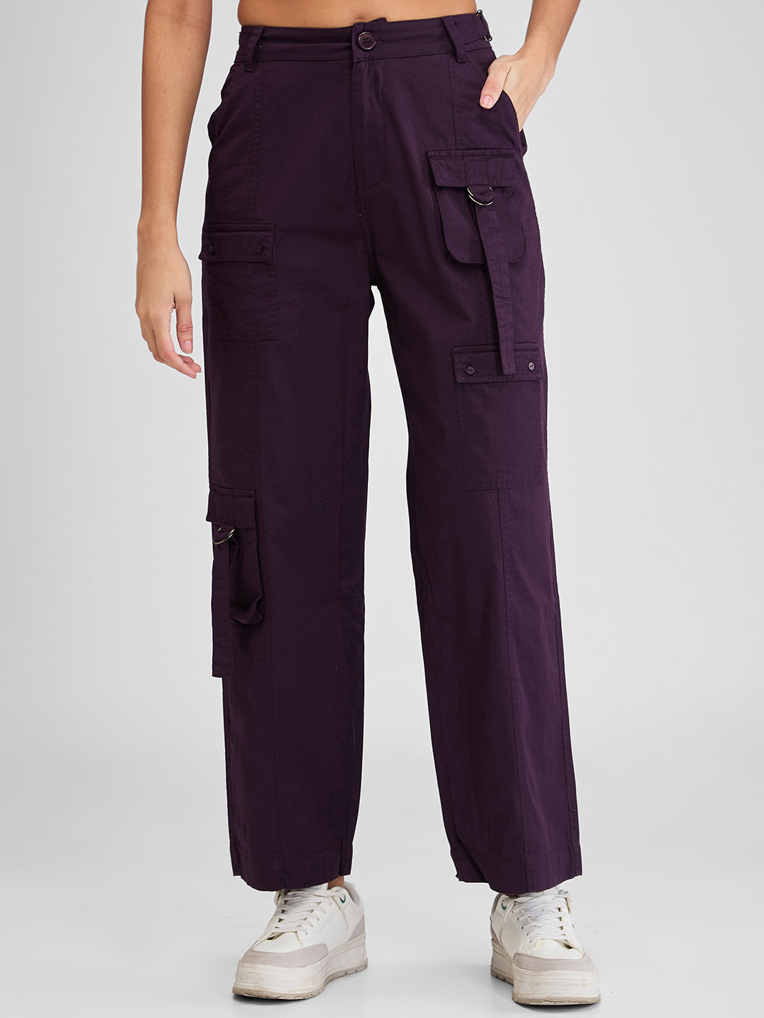 Women Trouser Cargo Fit Red-Violet Mid Rise