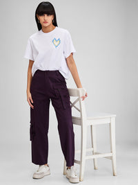 Women Trouser Cargo Fit Red-Violet Mid Rise