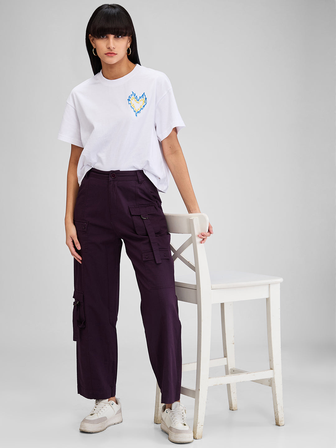 Women Trouser Cargo Fit Red-Violet Mid Rise