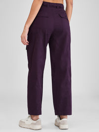 Women Trouser Cargo Fit Red-Violet Mid Rise