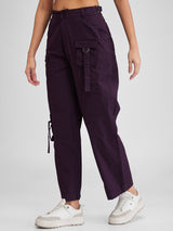 Women Trouser Cargo Fit Red-Violet Mid Rise