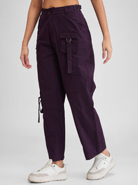 Women Trouser Cargo Fit Red-Violet Mid Rise