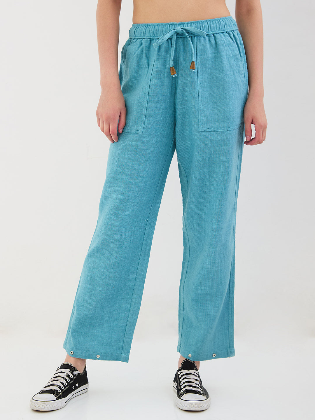 Women Trouser Loose Fit Blue High Rise