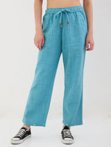 Women Trouser Loose Fit Blue High Rise