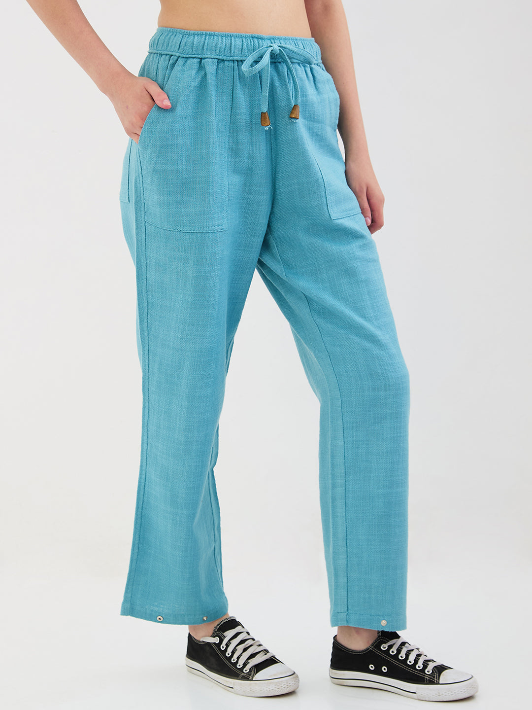 Women Trouser Loose Fit Blue High Rise