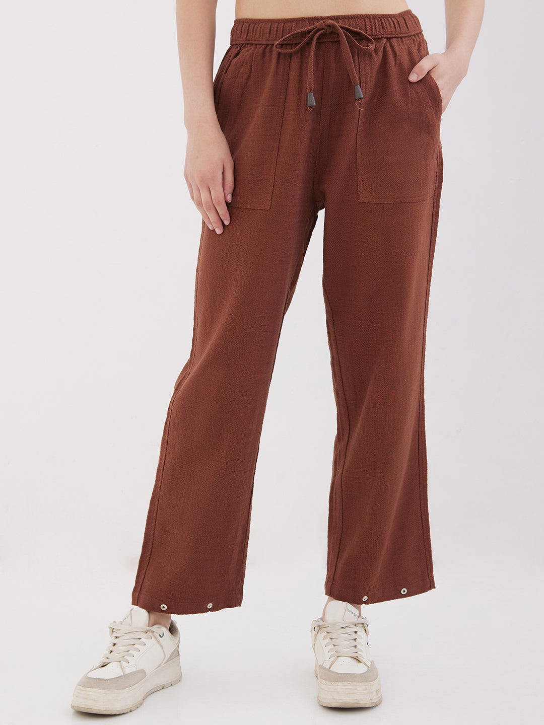 Women Trouser Loose Fit Brown High Rise