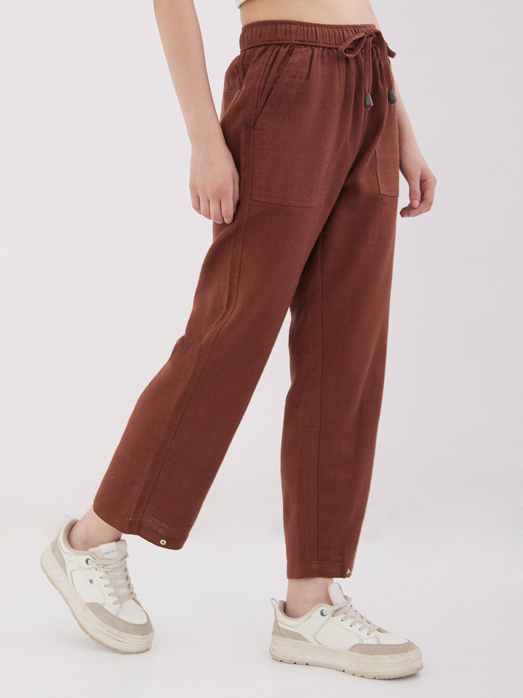 Women Trouser Loose Fit Brown High Rise