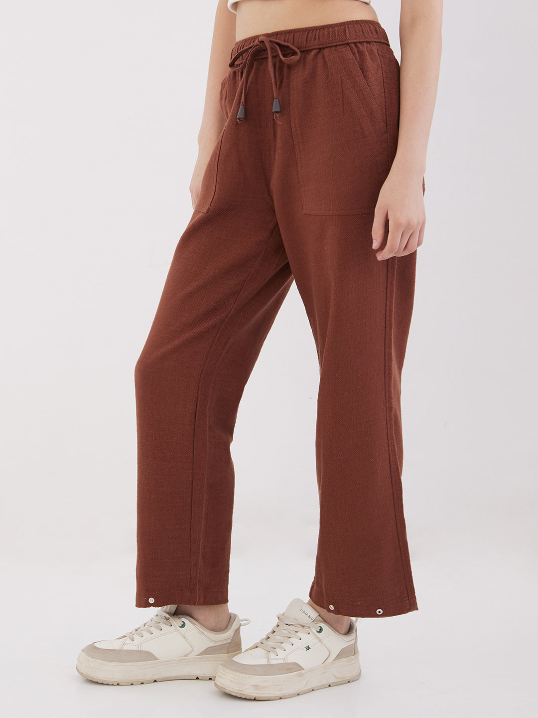Women Trouser Loose Fit Brown High Rise