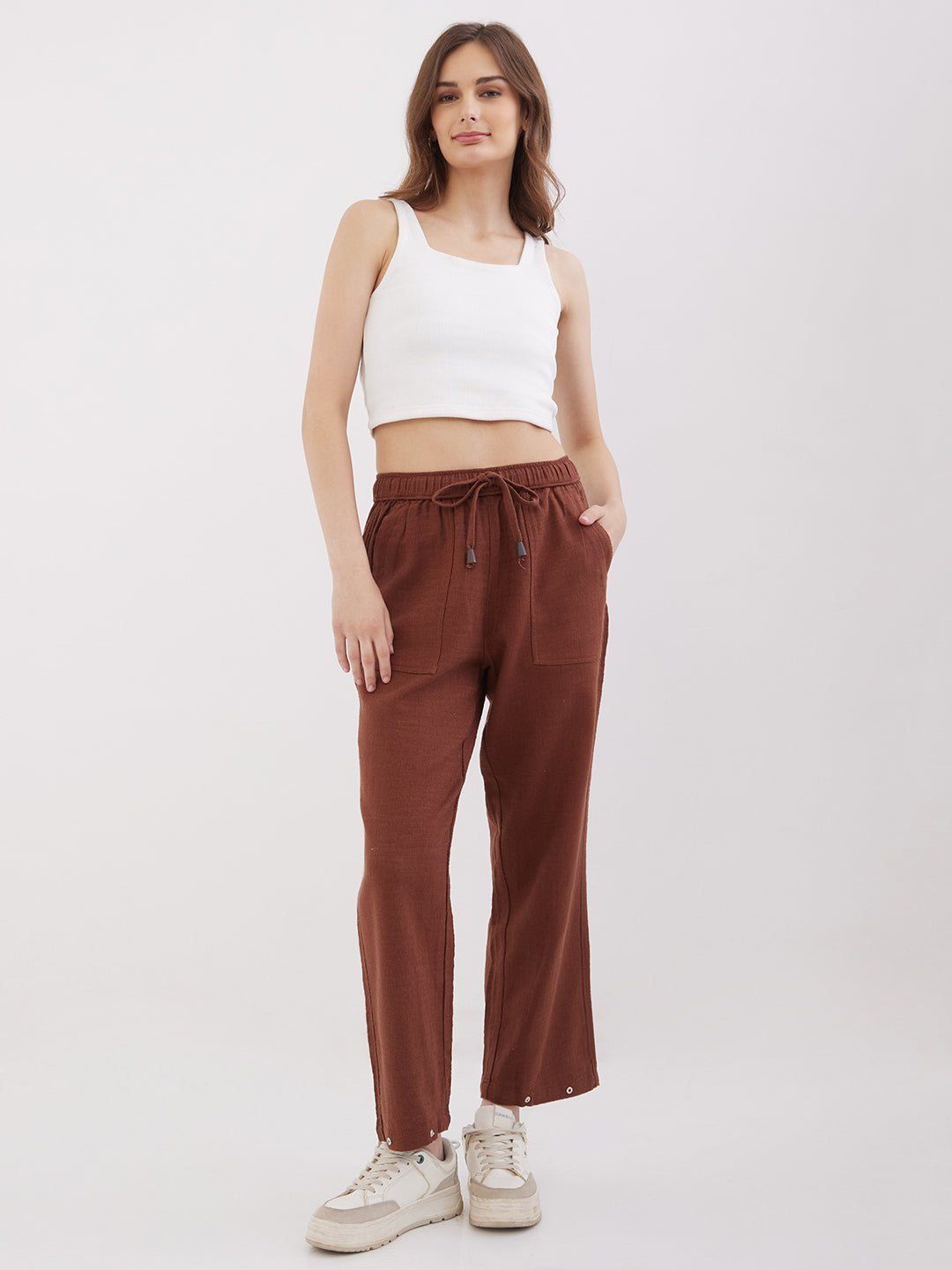 Women Trouser Loose Fit Brown High Rise
