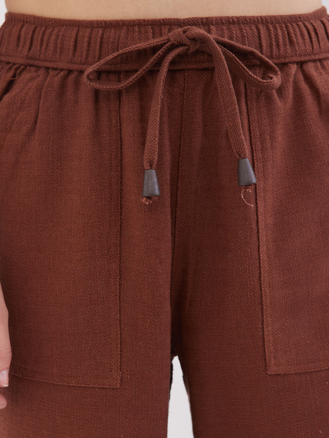 Women Trouser Loose Fit Brown High Rise