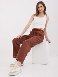 Women Trouser Loose Fit Brown High Rise