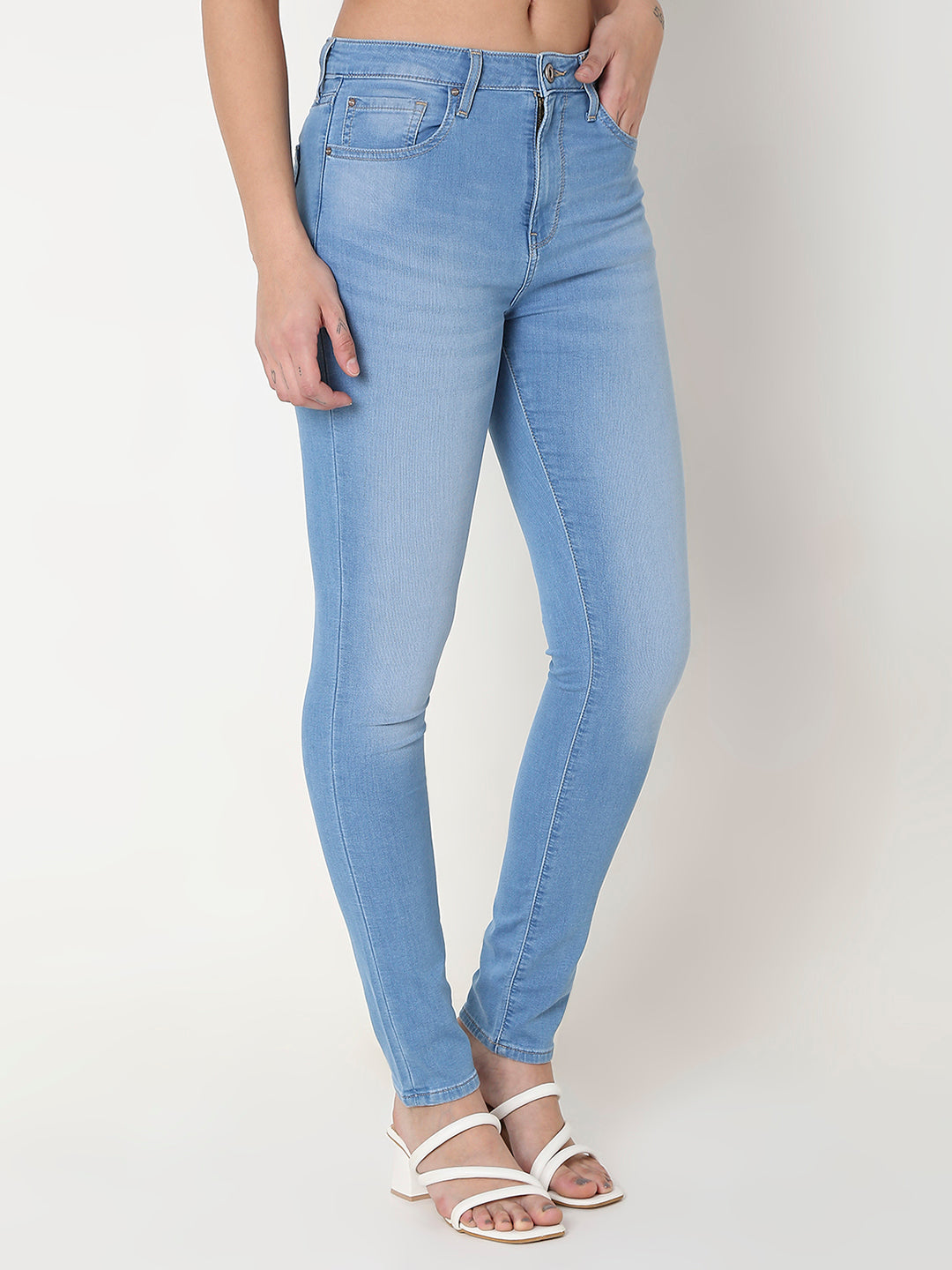 Spykar Blue Skinny Fit High-Rise Cotton Blend Jeans For Women