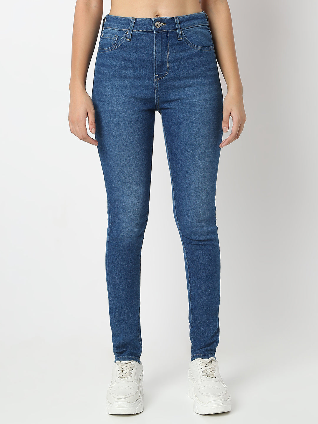 Spykar Mid Blue Super Skinny Fit High Rise Jeans For Women