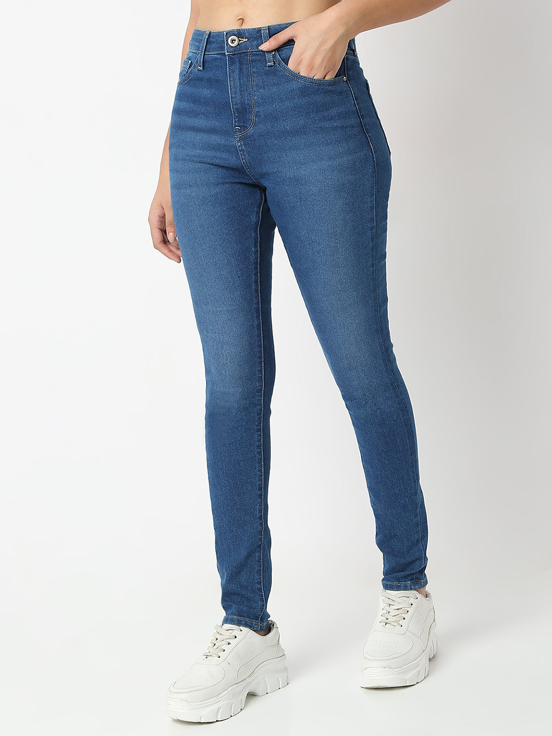 Spykar Mid Blue Super Skinny Fit High Rise Jeans For Women