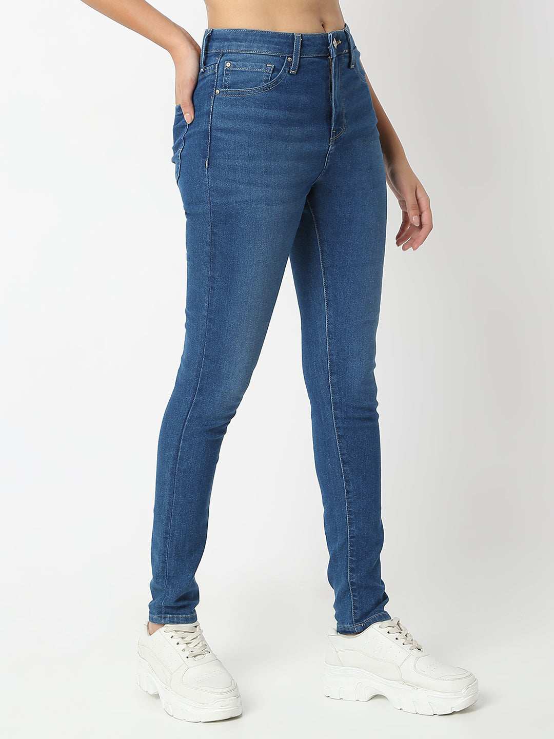 Spykar Mid Blue Super Skinny Fit High Rise Jeans For Women