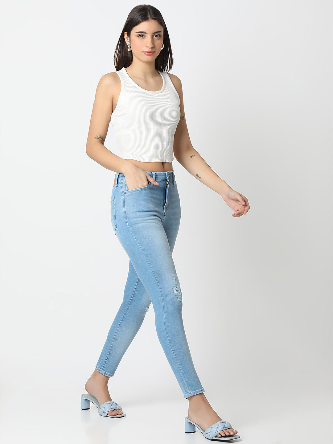 Spykar Faded Ice Blue Super Skinny Fit High Rise Jeans For Women