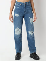 Women Jeans Straight Fit Blue High Rise