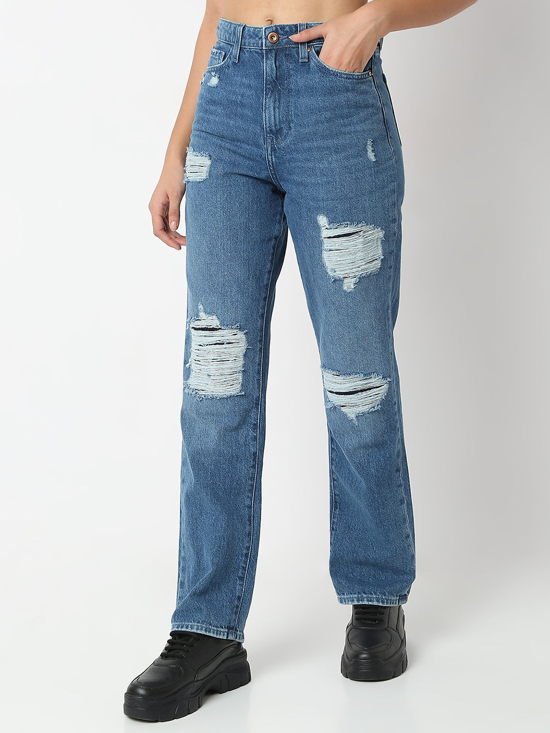 Women Jeans Straight Fit Blue High Rise