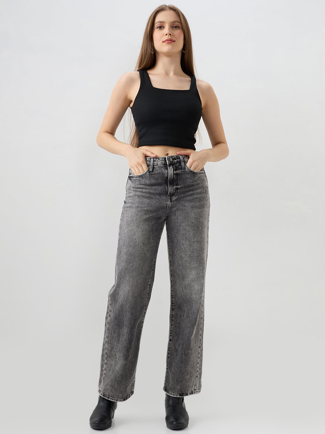 Women Bella Jeans Straight Fit Grey High Rise