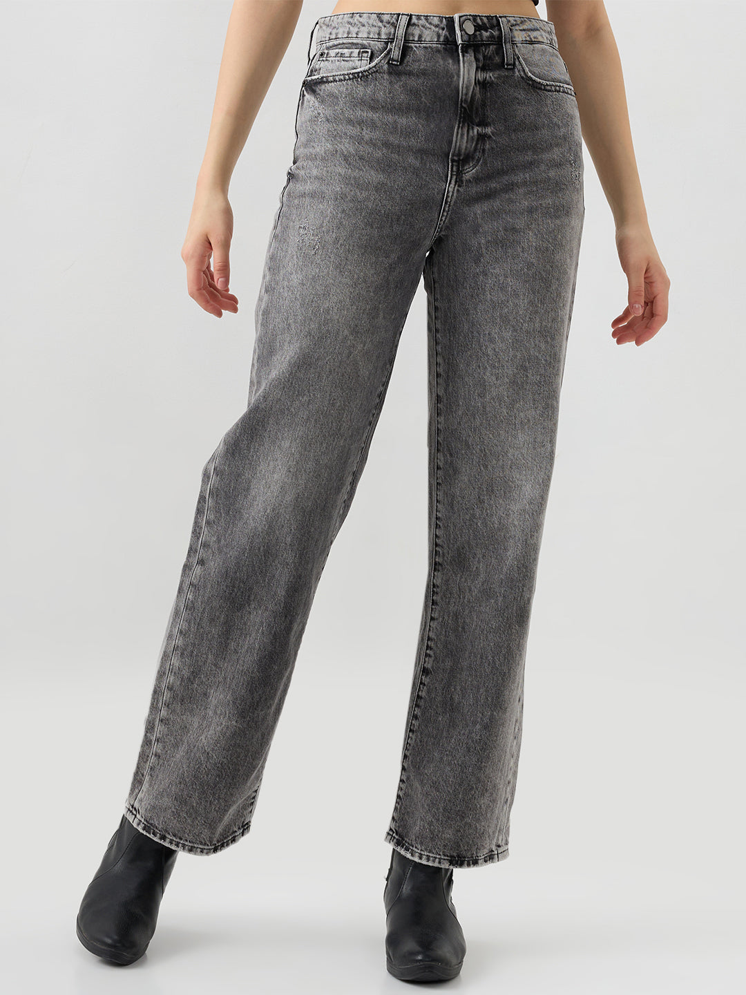 Spykar Grey Straight Fit High Rise Jeans For Women
