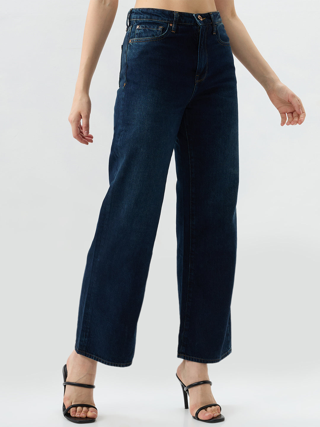 Spykar Dark Blue Straight Fit Mid Rise Jeans For Women