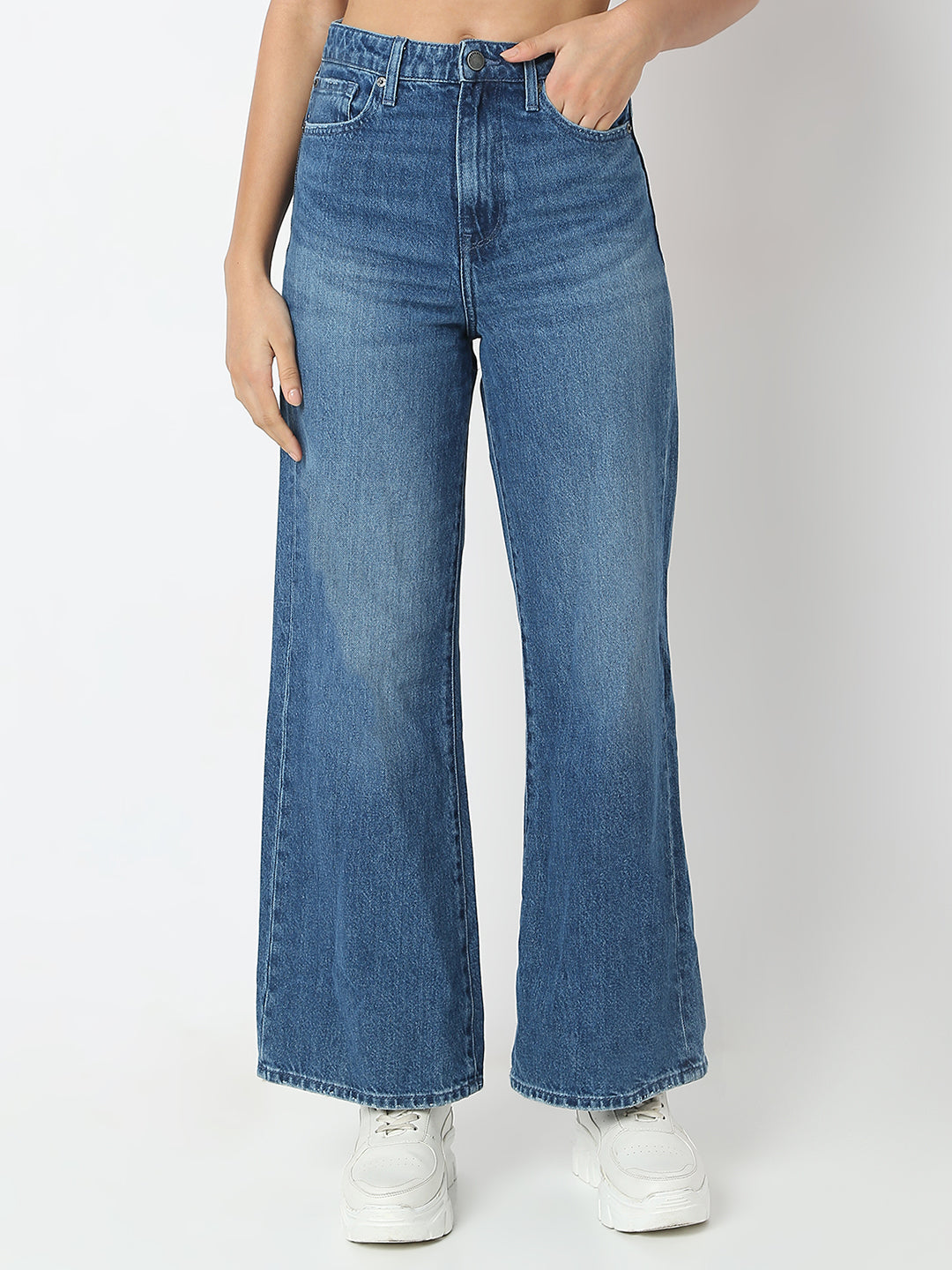 Spykar Mid Blue Wide Leg High Rise Jeans For Women