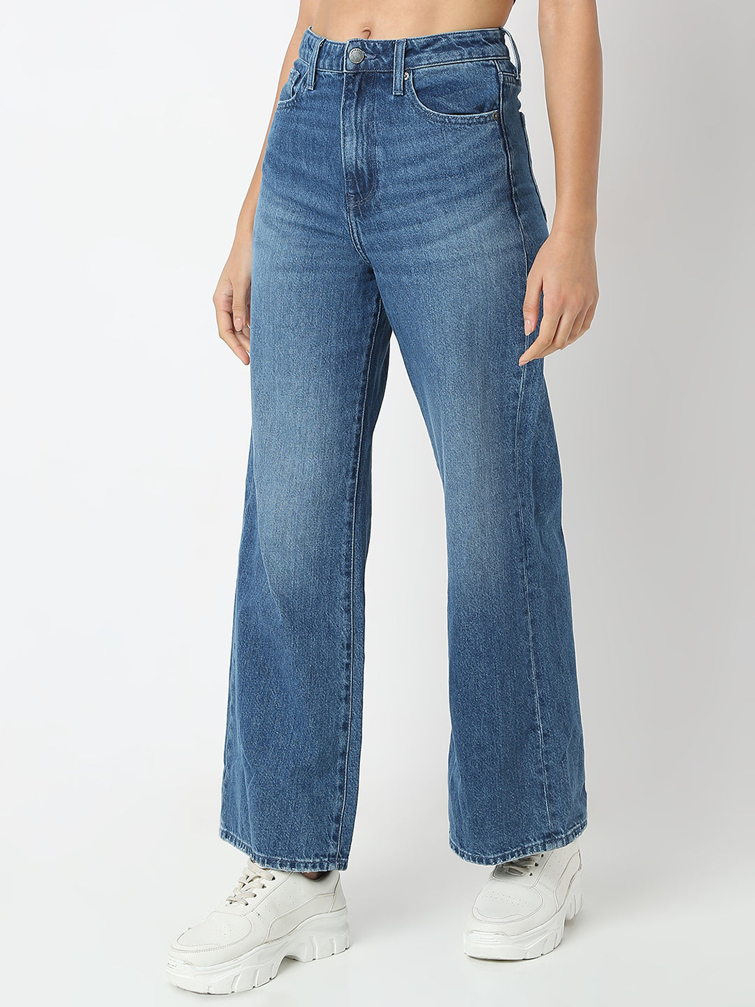 Spykar Mid Blue Wide Leg High Rise Jeans For Women