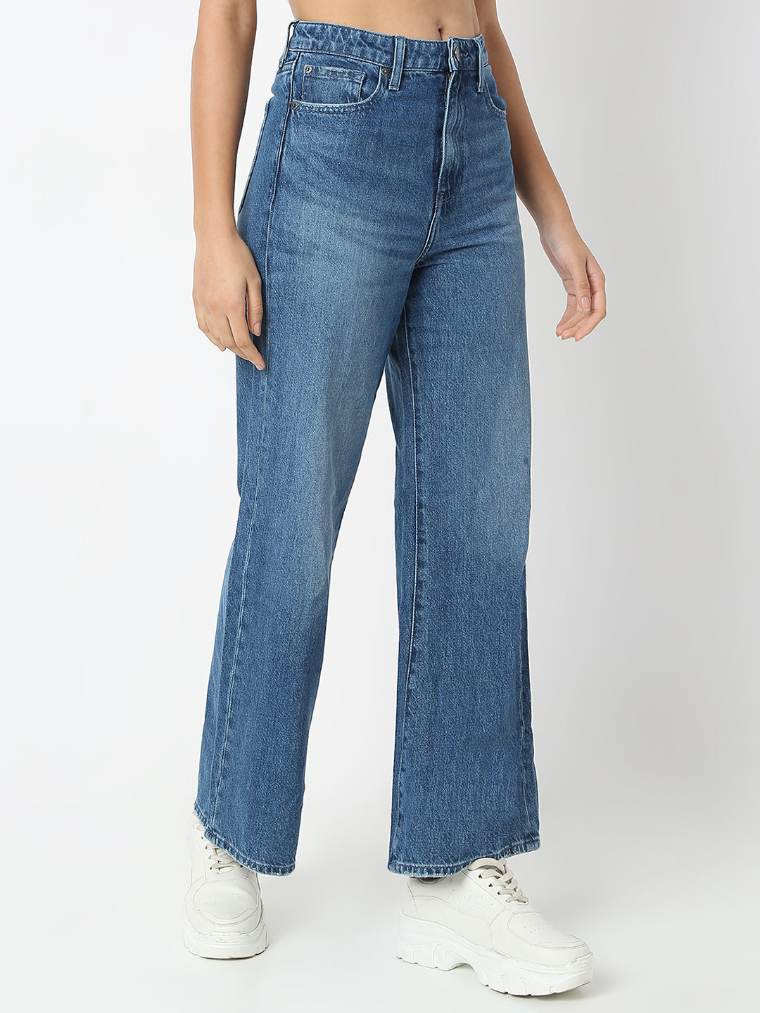 Spykar Mid Blue Wide Leg High Rise Jeans For Women