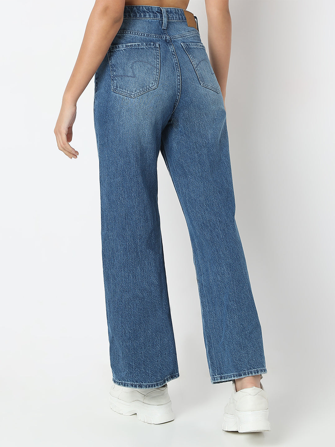 Spykar Mid Blue Wide Leg High Rise Jeans For Women