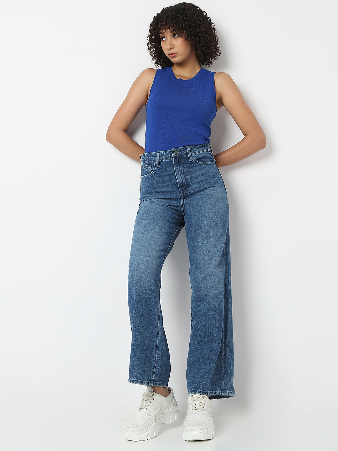 Spykar Mid Blue Wide Leg High Rise Jeans For Women