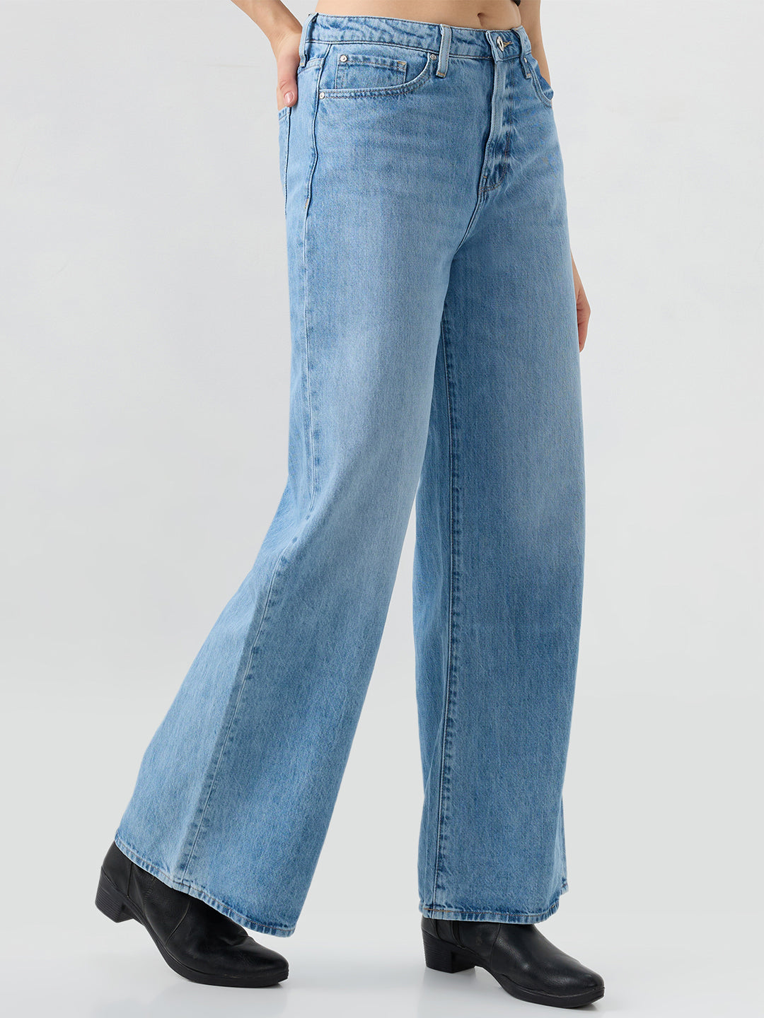 Spykar Tinted Blue Wide Leg High Rise Jeans For Women