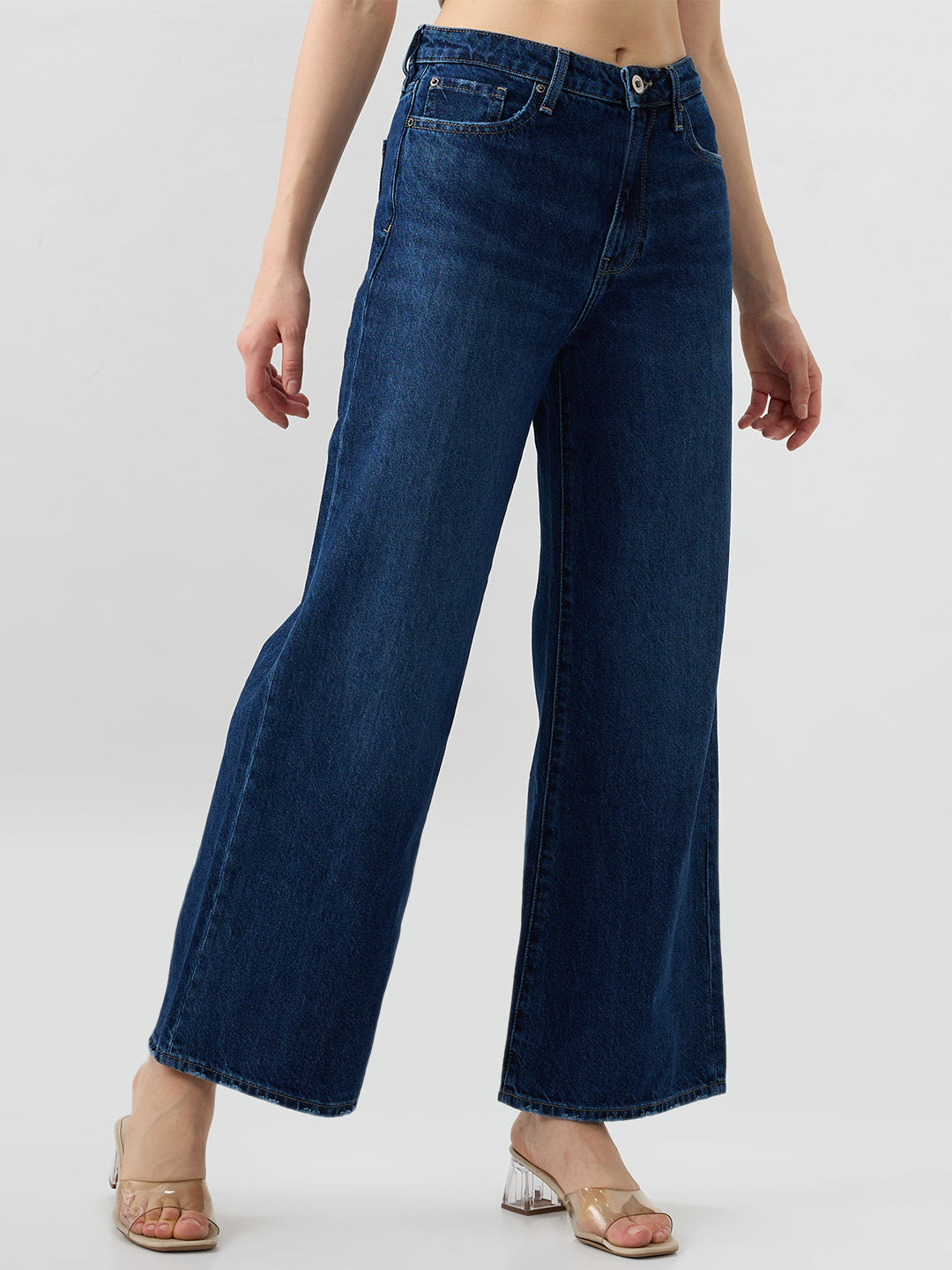 Spykar Dark Blue Wide Leg High Rise Jeans For Women