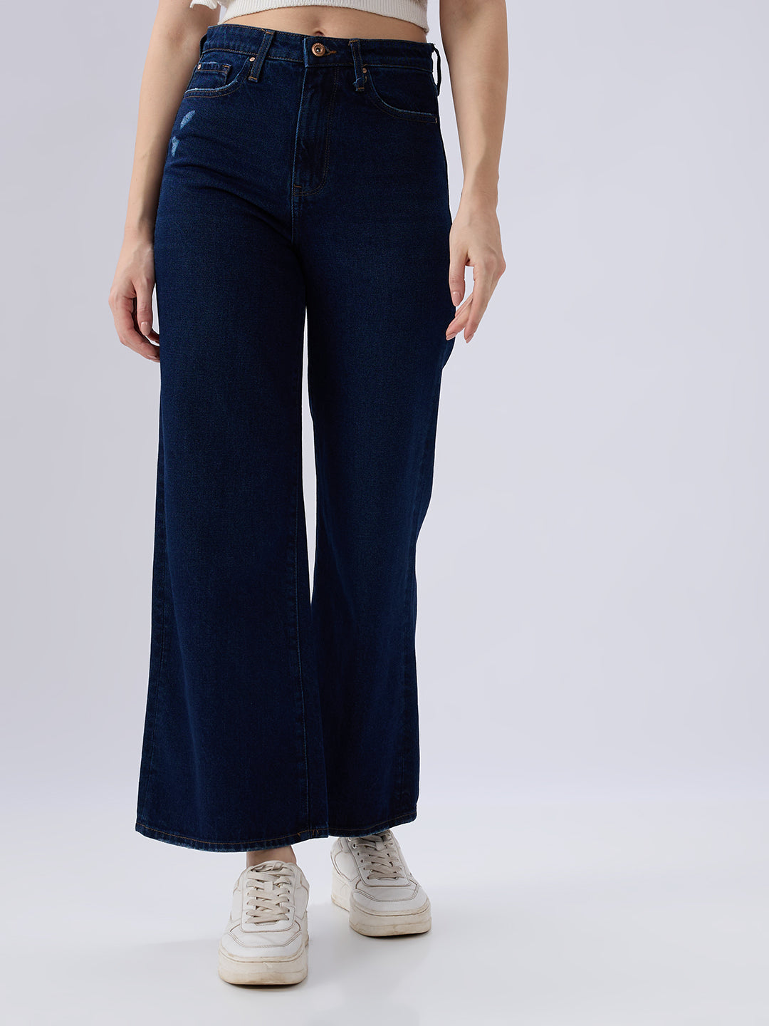 Spykar Dark Blue Wide Leg High Rise Jeans For Women