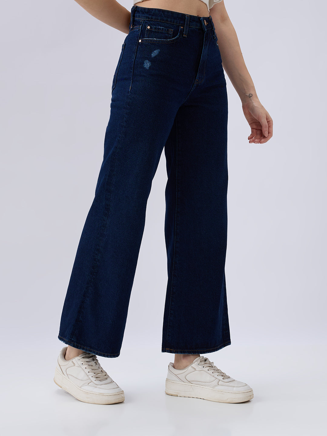 Spykar Dark Blue Wide Leg High Rise Jeans For Women