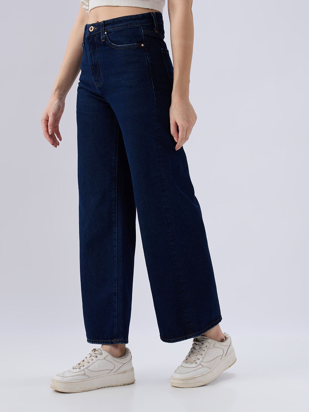 Spykar Dark Blue Wide Leg High Rise Jeans For Women