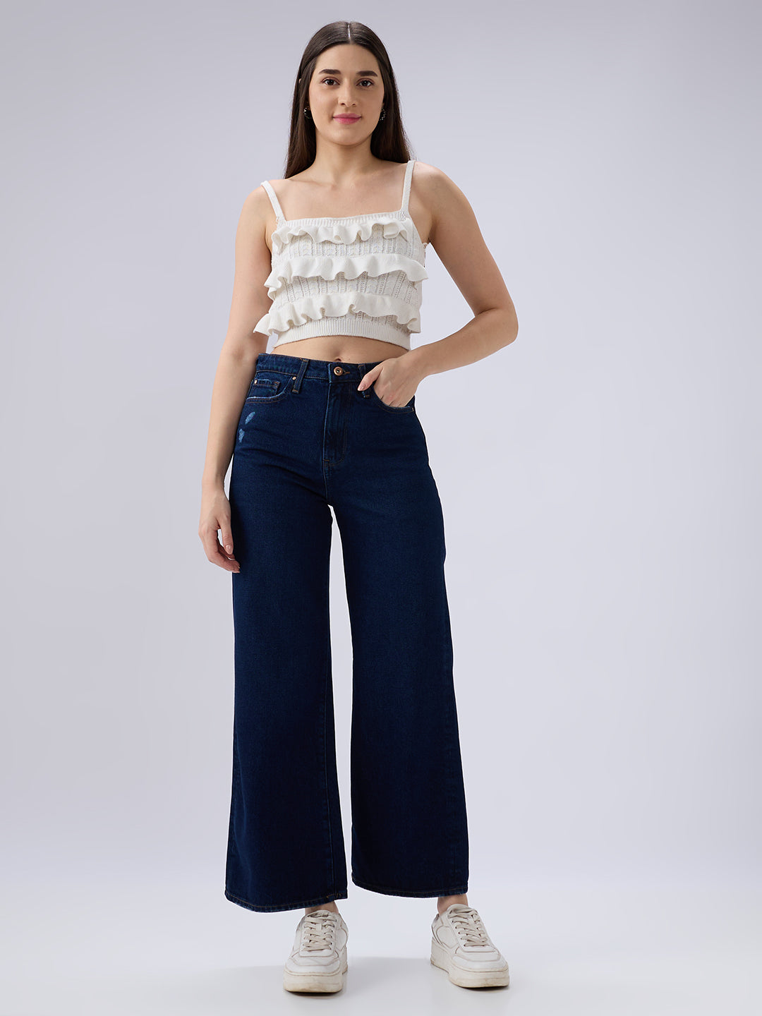 Spykar Dark Blue Wide Leg High Rise Jeans For Women